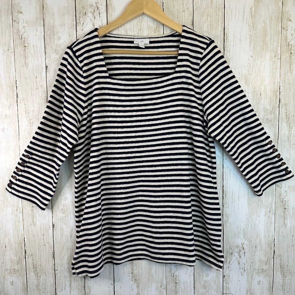J Jill Top Tunic Womens size L Nautical Sailor Square neck striped 3/4 sleeves
